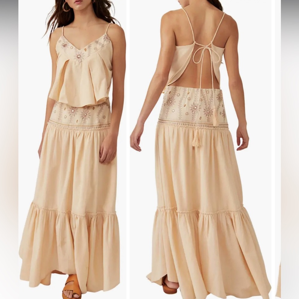 Free People Cream Embroidered Open-Back Tiered Maxi Dress